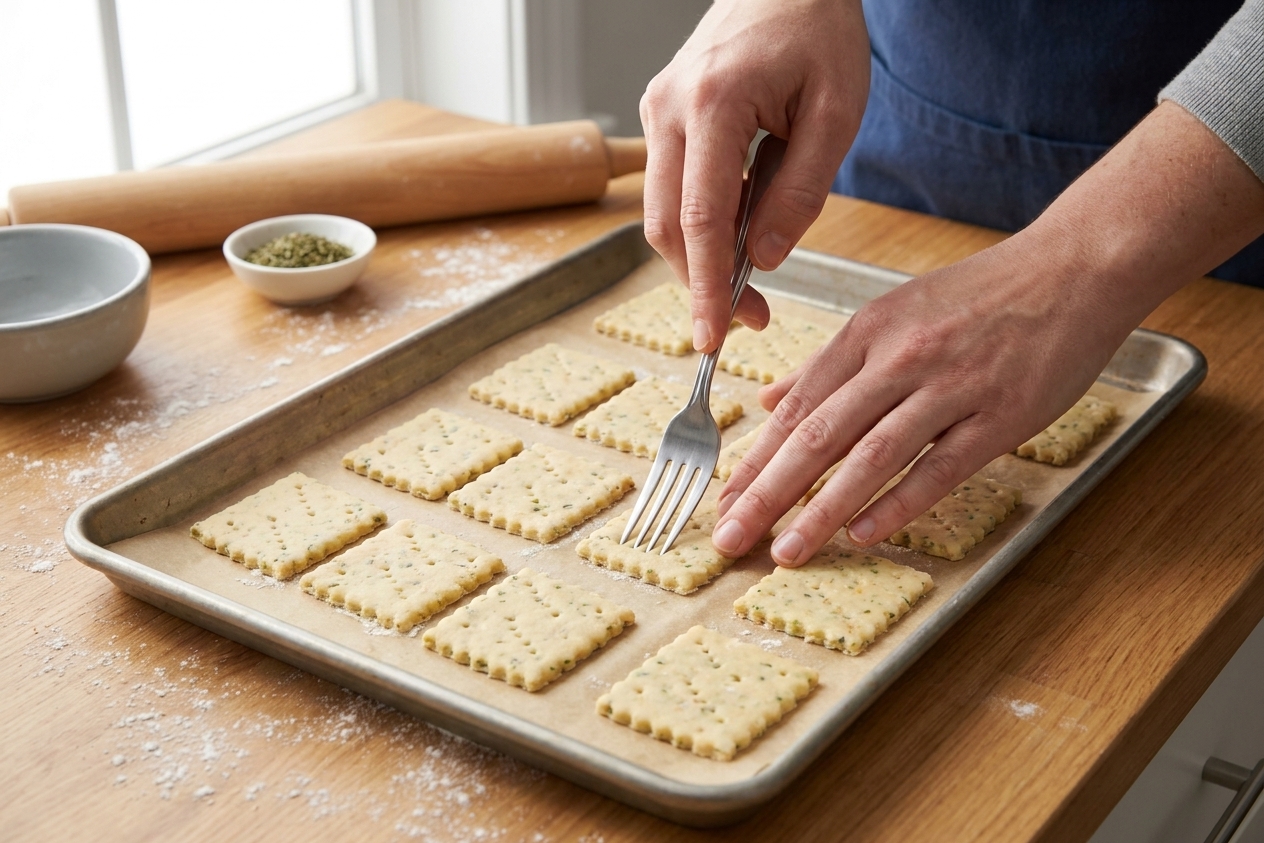 Hands using a fork to poke docking holes into cut hardtack squares on a parchment-lined baking sheet