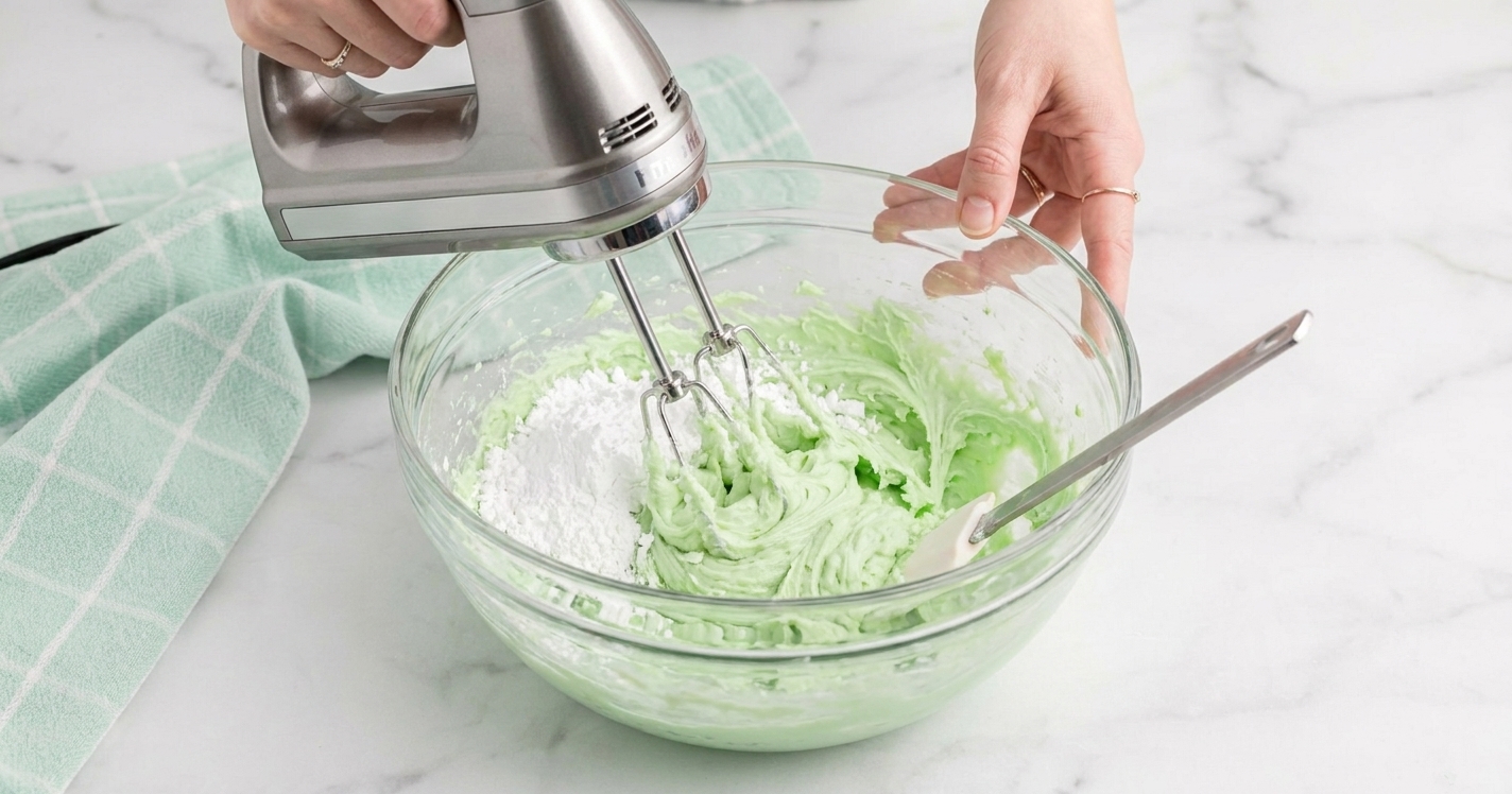 Hands using a hand mixer in a glass bowl to beat cream cheese and powdered sugar into a thick dough on a bright kitchen counter