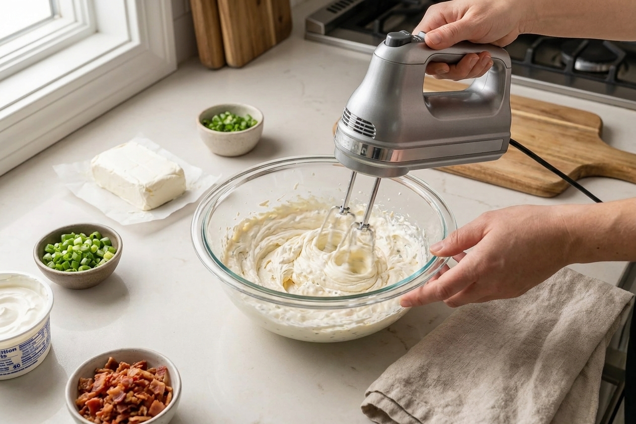 Hands using a hand mixer in a glass bowl to blend softened cream cheese and sour cream on a tidy kitchen counter with ingredients nearby