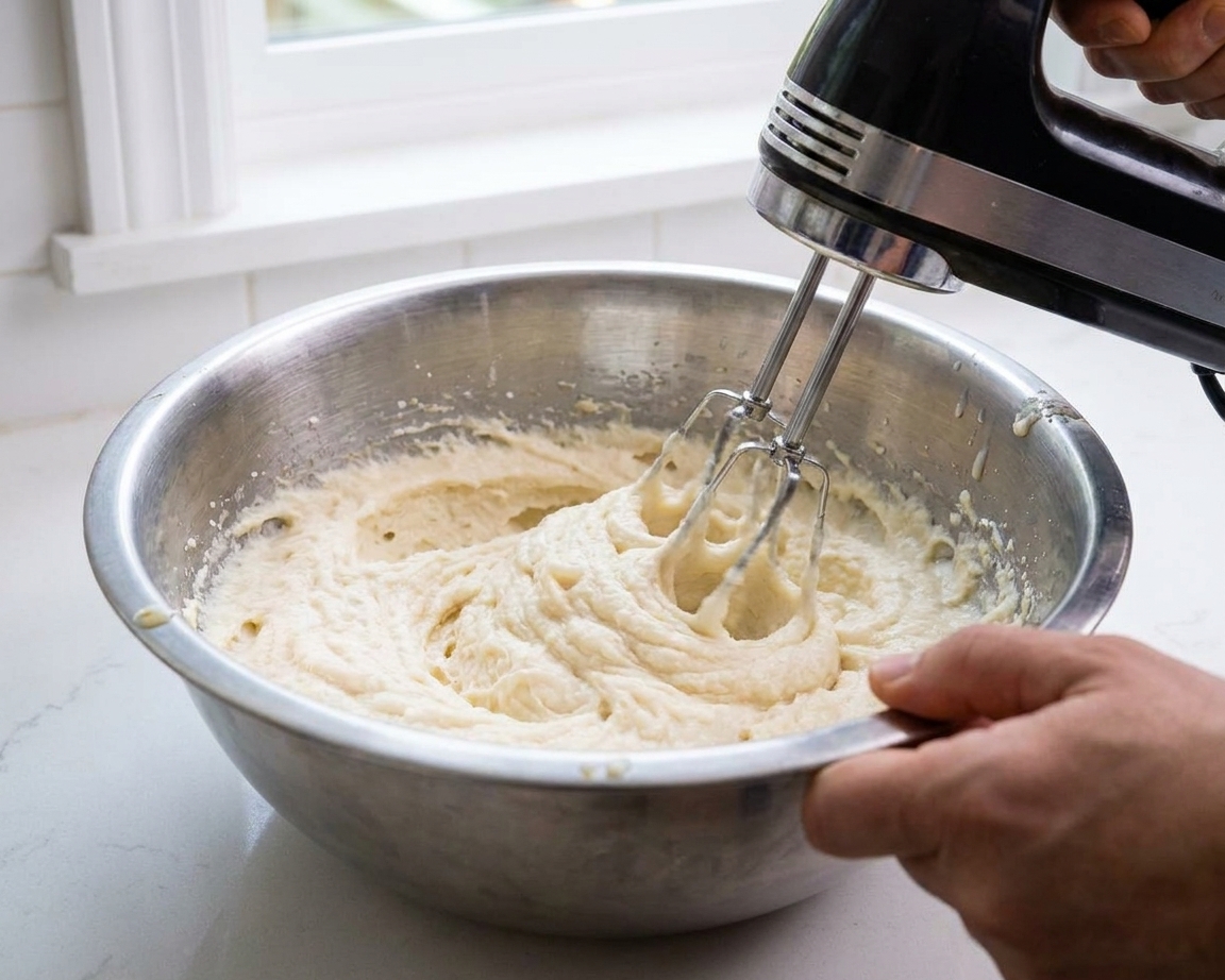 Hands using a hand mixer in a stainless steel bowl to whip tamales masa on a kitchen counter