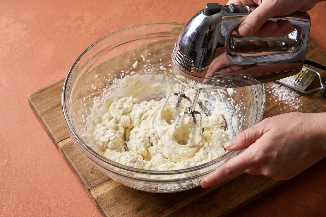 Hands using a hand mixer to blend ricotta and mascarpone in a mixing bowl on a kitchen counter