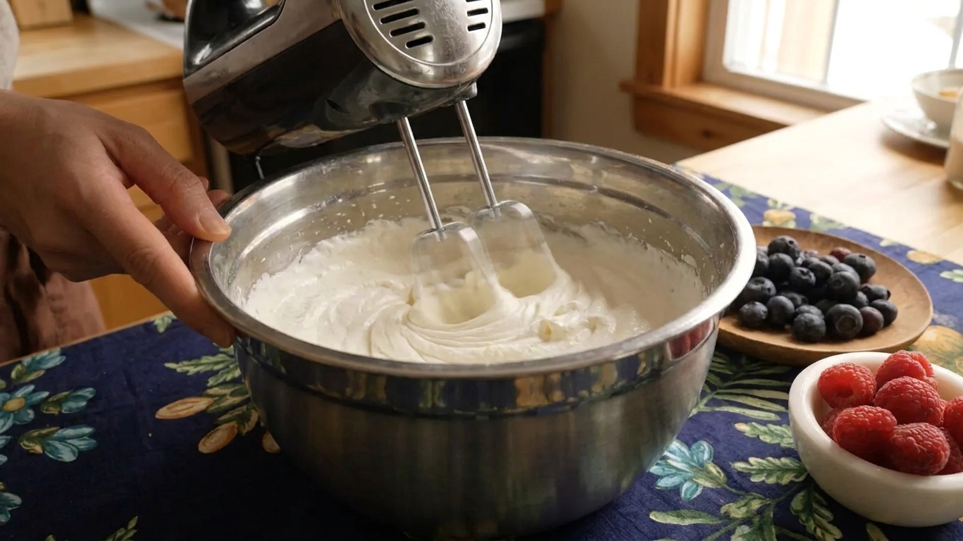 Hands using a hand mixer to whip heavy cream in a stainless steel bowl on a kitchen counter