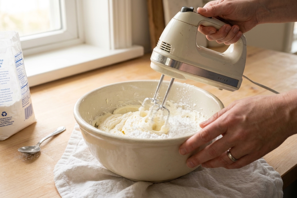 Hands using a hand mixer to whip mascarpone with powdered sugar in a ceramic mixing bowl on a bright kitchen counter
