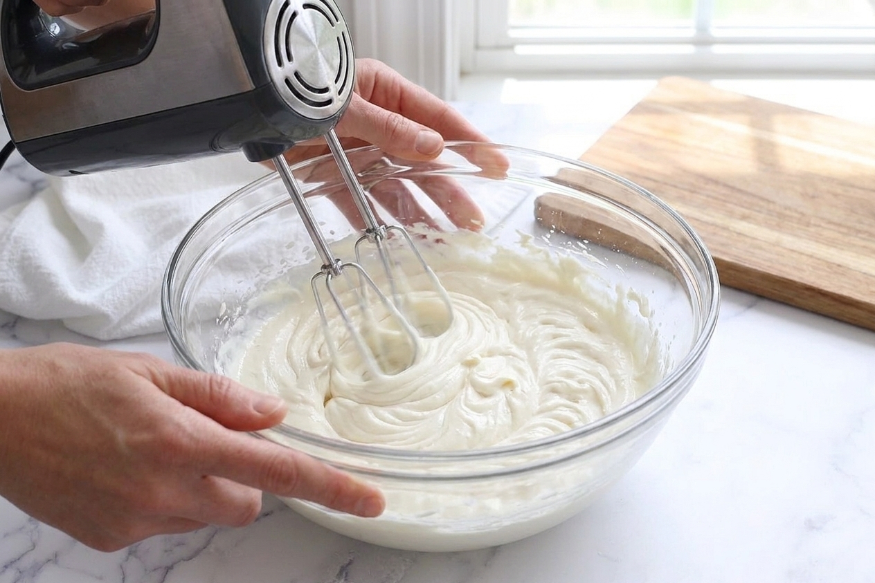 Hands using a hand mixer to whip softened cream cheese in a glass mixing bowl on a bright kitchen counter