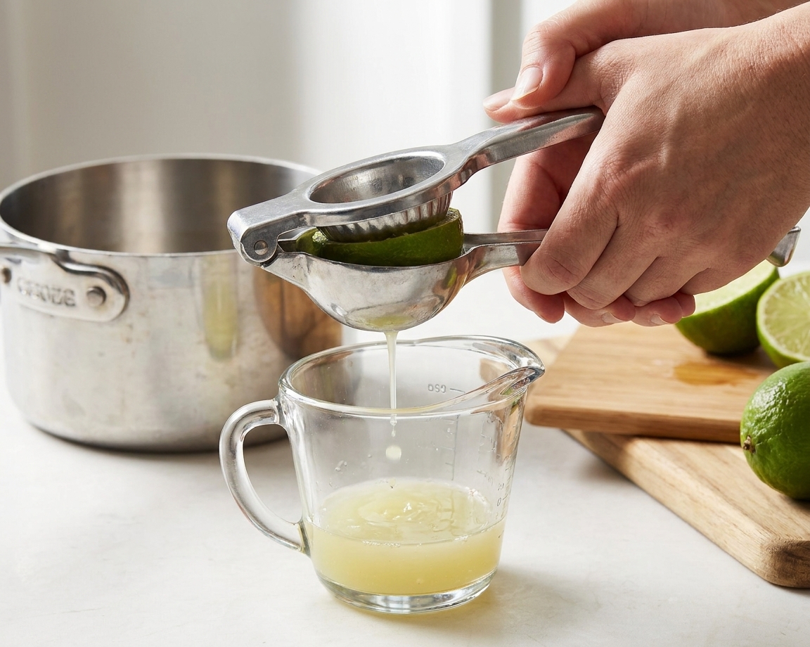 Hands using a handheld citrus juicer to squeeze a lime over a glass measuring cup on a kitchen counter