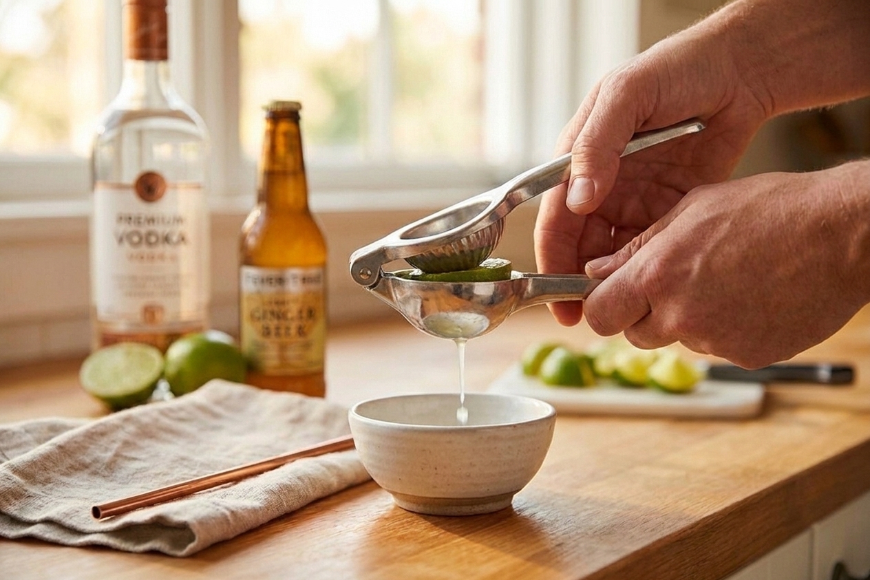 Hands using a handheld citrus press to squeeze a lime half over a small bowl on a kitchen counter