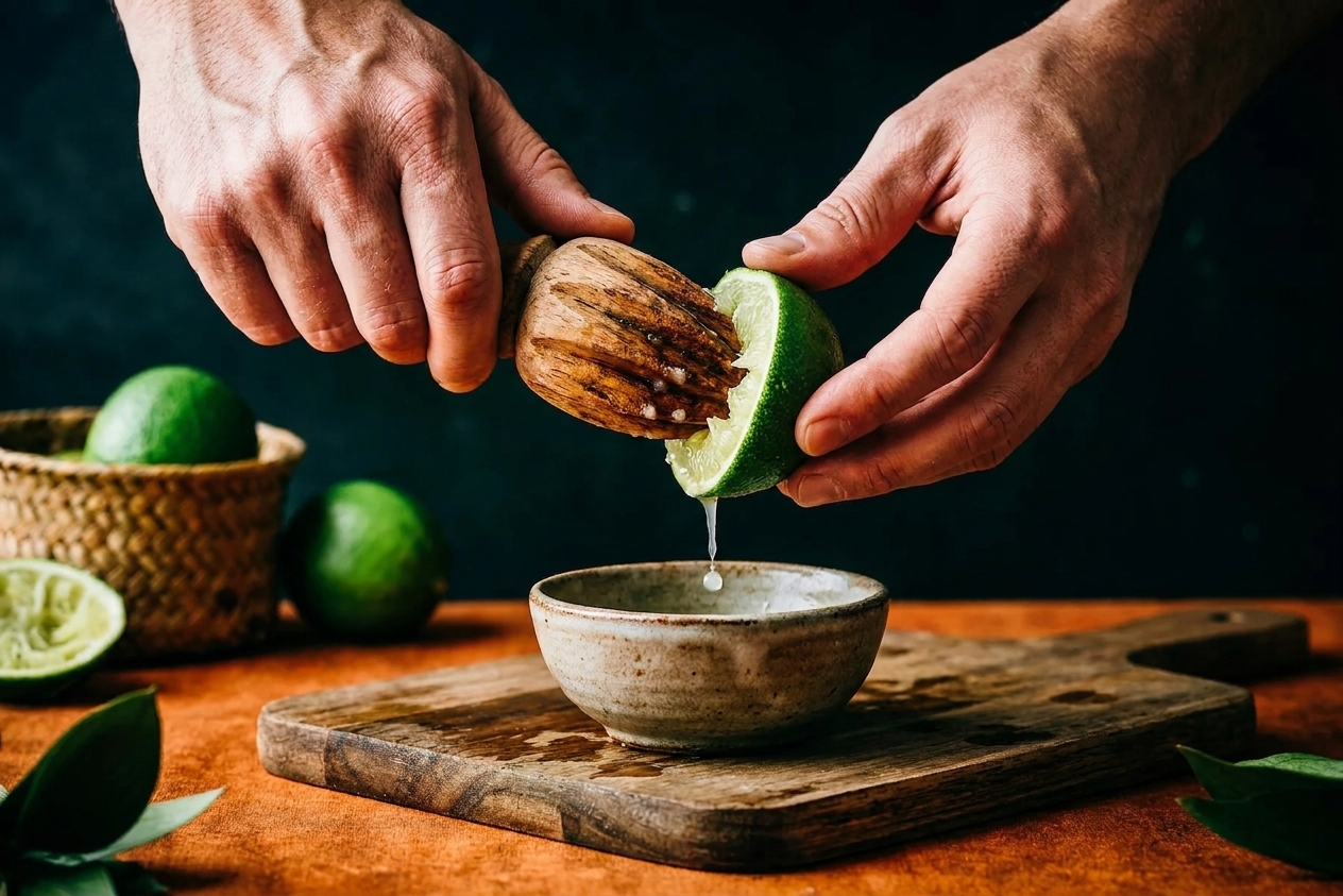 Hands using a handheld citrus reamer to juice a halved lime over a bowl on a kitchen counter