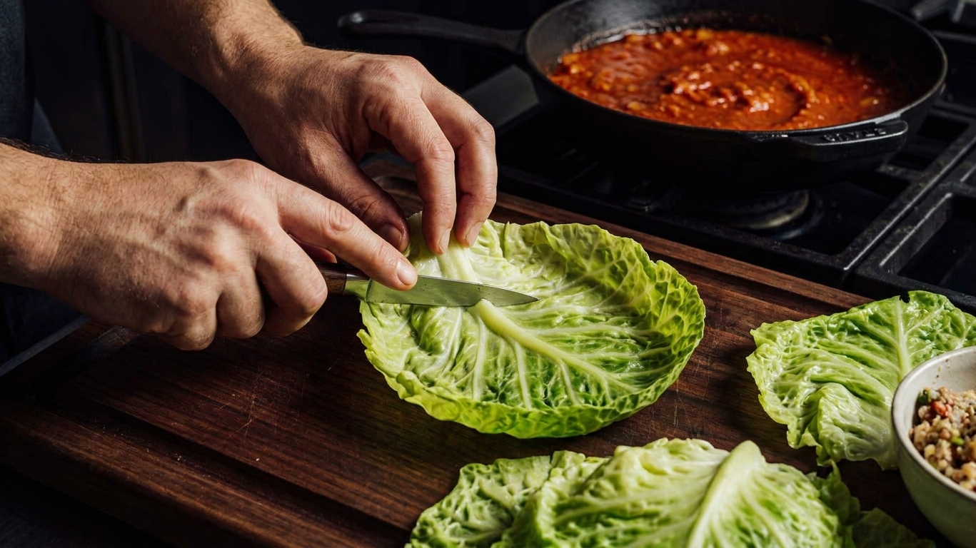 Hands using a knife to shave down the thick rib of a softened cabbage leaf on a cutting board