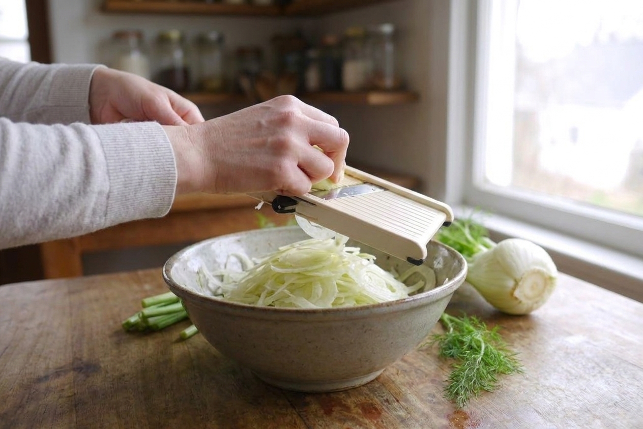 Hands using a mandoline slicer to shave thin slices of fennel over a large bowl on a bright kitchen counter