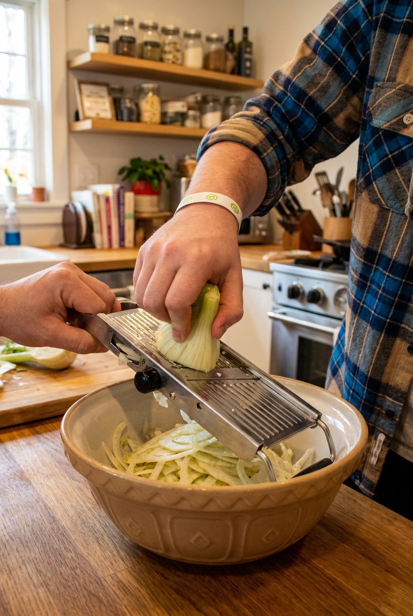 Hands using a mandoline to shave fennel thinly over a large mixing bowl on a kitchen counter