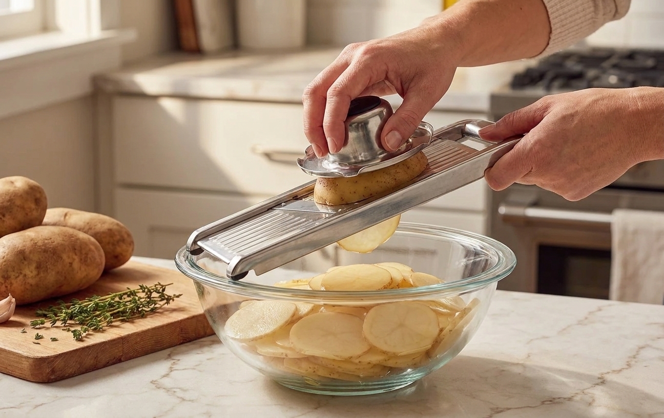 Hands using a mandoline to slice Yukon Gold potatoes into thin rounds over a bowl on a kitchen counter