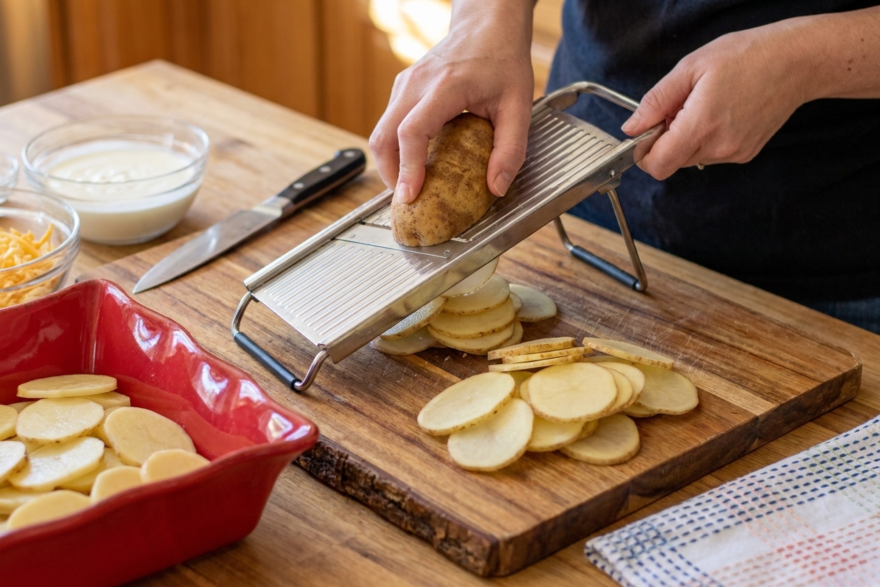 Hands using a mandoline to slice potatoes into thin rounds on a cutting board in a home kitchen