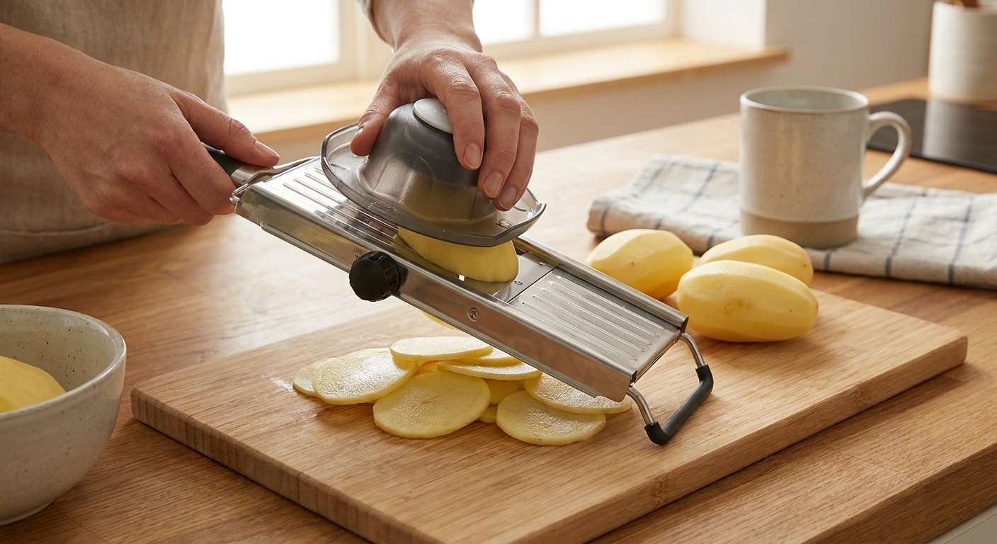 Hands using a mandoline with the hand guard to slice peeled potatoes into thin even rounds on a cutting board