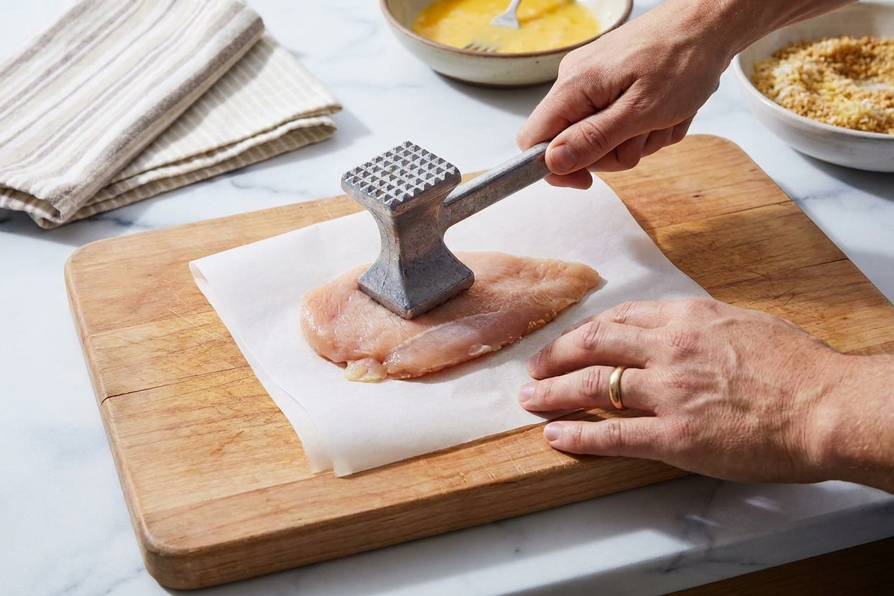 Hands using a meat mallet to pound a chicken cutlet between sheets of parchment paper on a cutting board