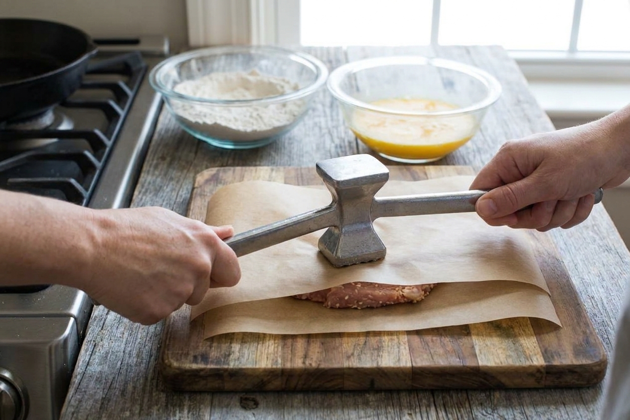 Hands using a meat mallet to pound a pork cutlet between sheets of parchment on a wooden cutting board in a home kitchen