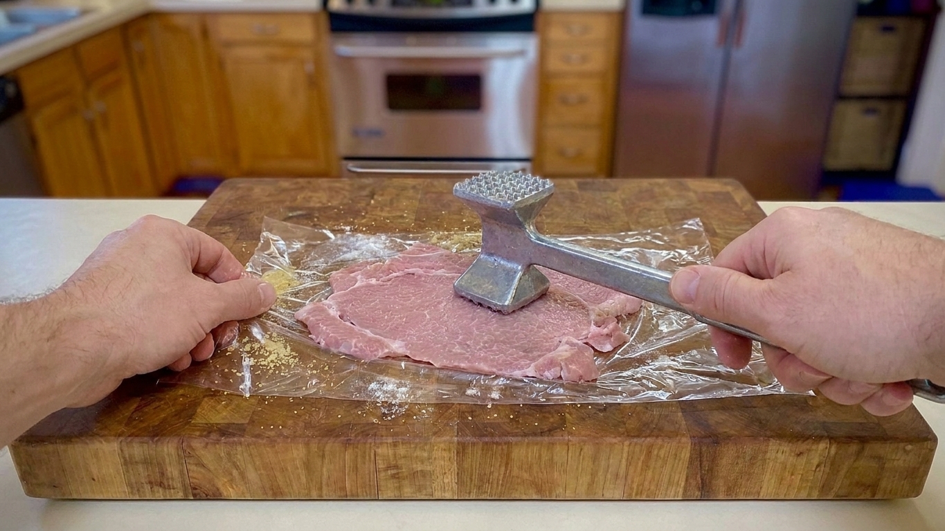 Hands using a meat mallet to pound a pork cutlet between sheets of plastic wrap on a wooden cutting board