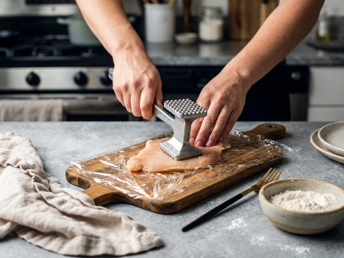 Hands using a meat mallet to pound chicken cutlets to an even thickness on a cutting board in a home kitchen