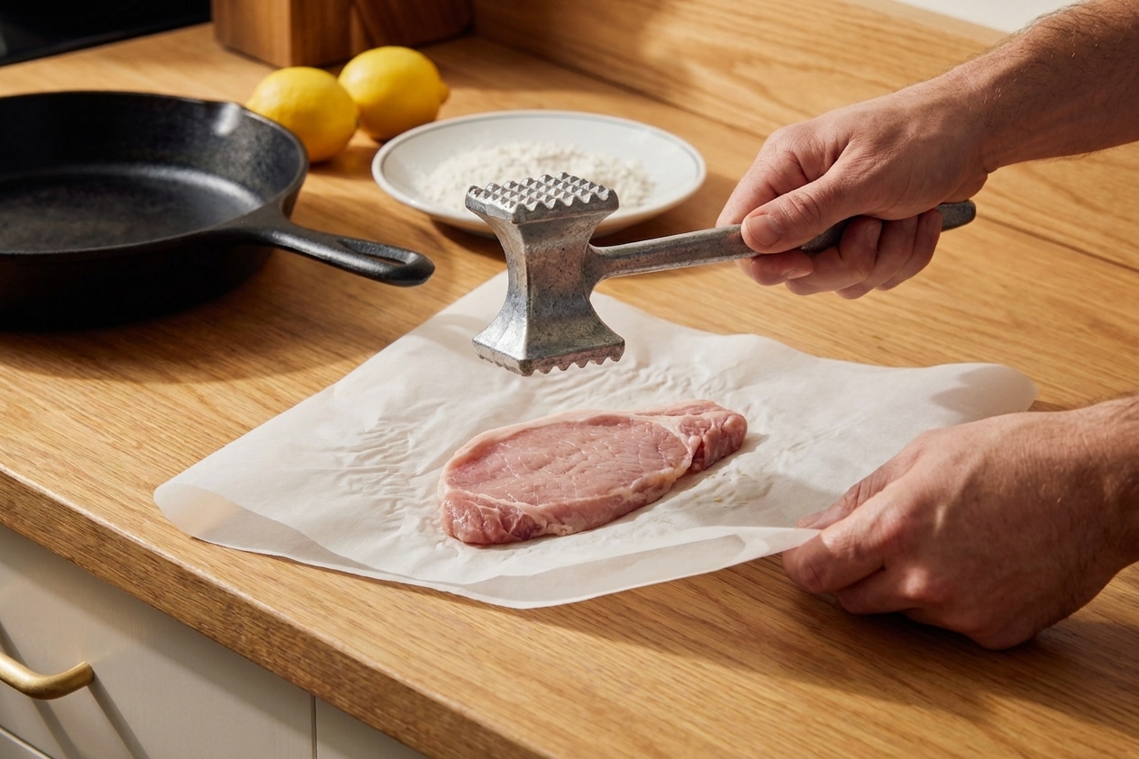 Hands using a meat mallet to pound pork loin chops thin between sheets of parchment paper on a kitchen counter