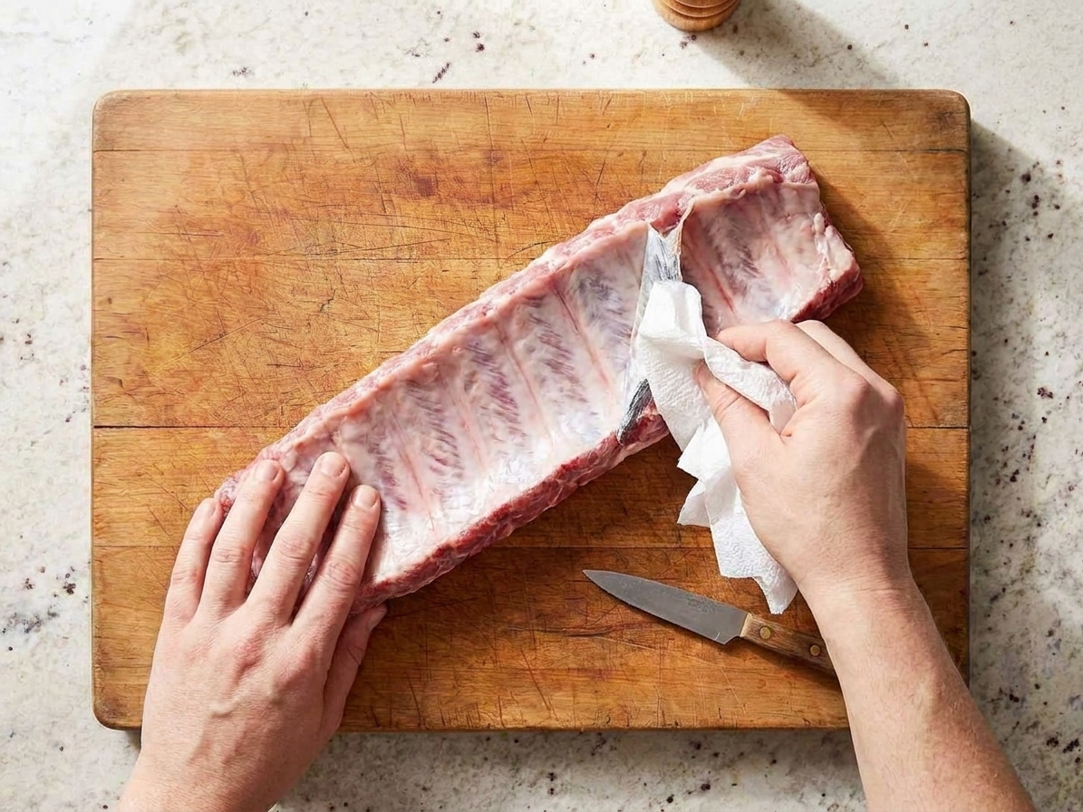 Hands using a paper towel to grip and pull the membrane off the back of a rack of pork ribs on a cutting board