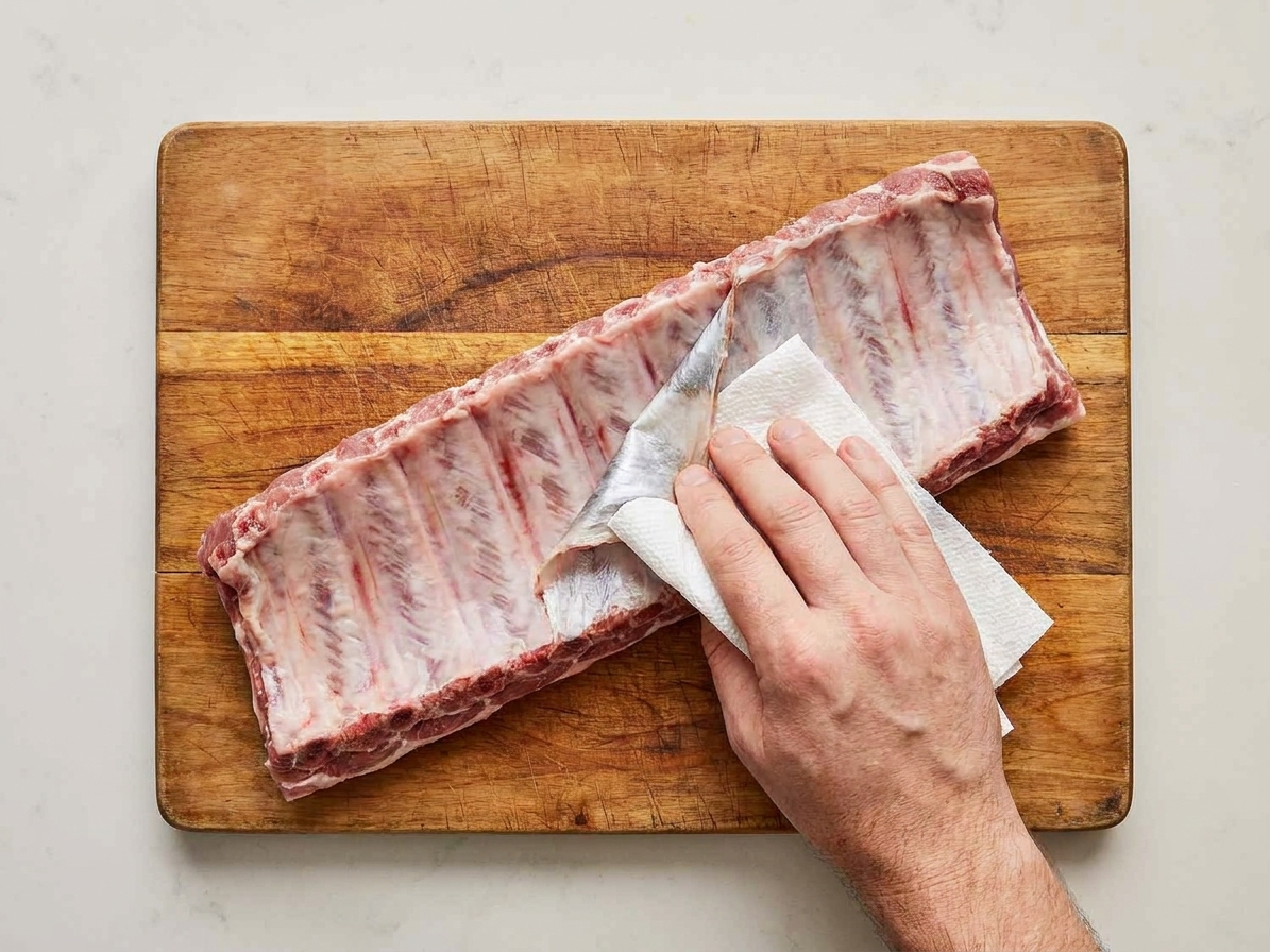 Hands using a paper towel to peel the membrane off the bone side of a rack of pork spare ribs on a cutting board