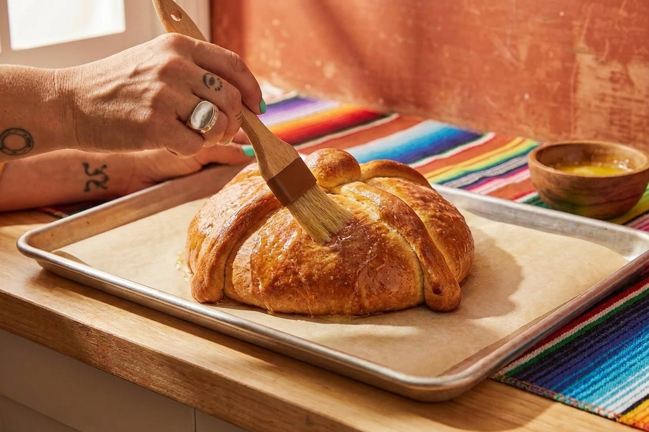 Hands using a pastry brush to coat a warm pan de muerto with melted butter on a parchment-lined baking sheet