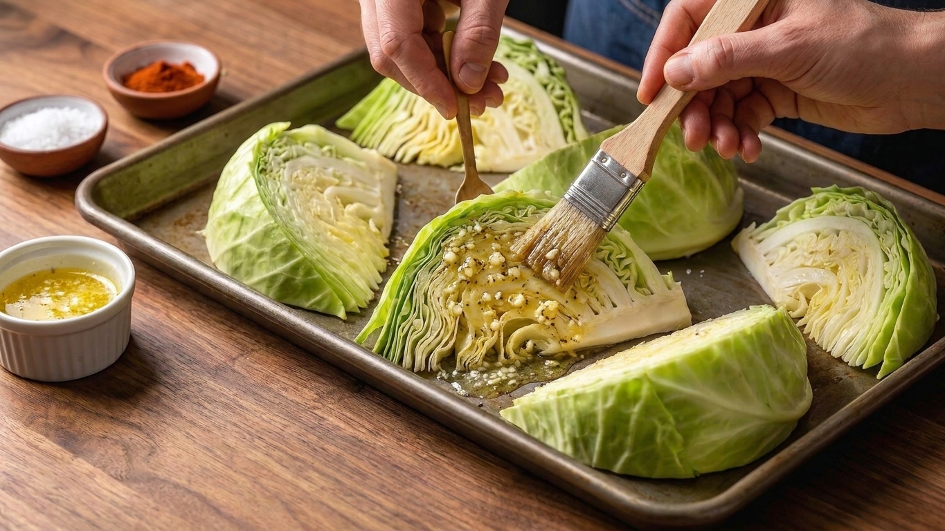 Hands using a pastry brush to coat cabbage wedges with melted garlic butter on a sheet pan