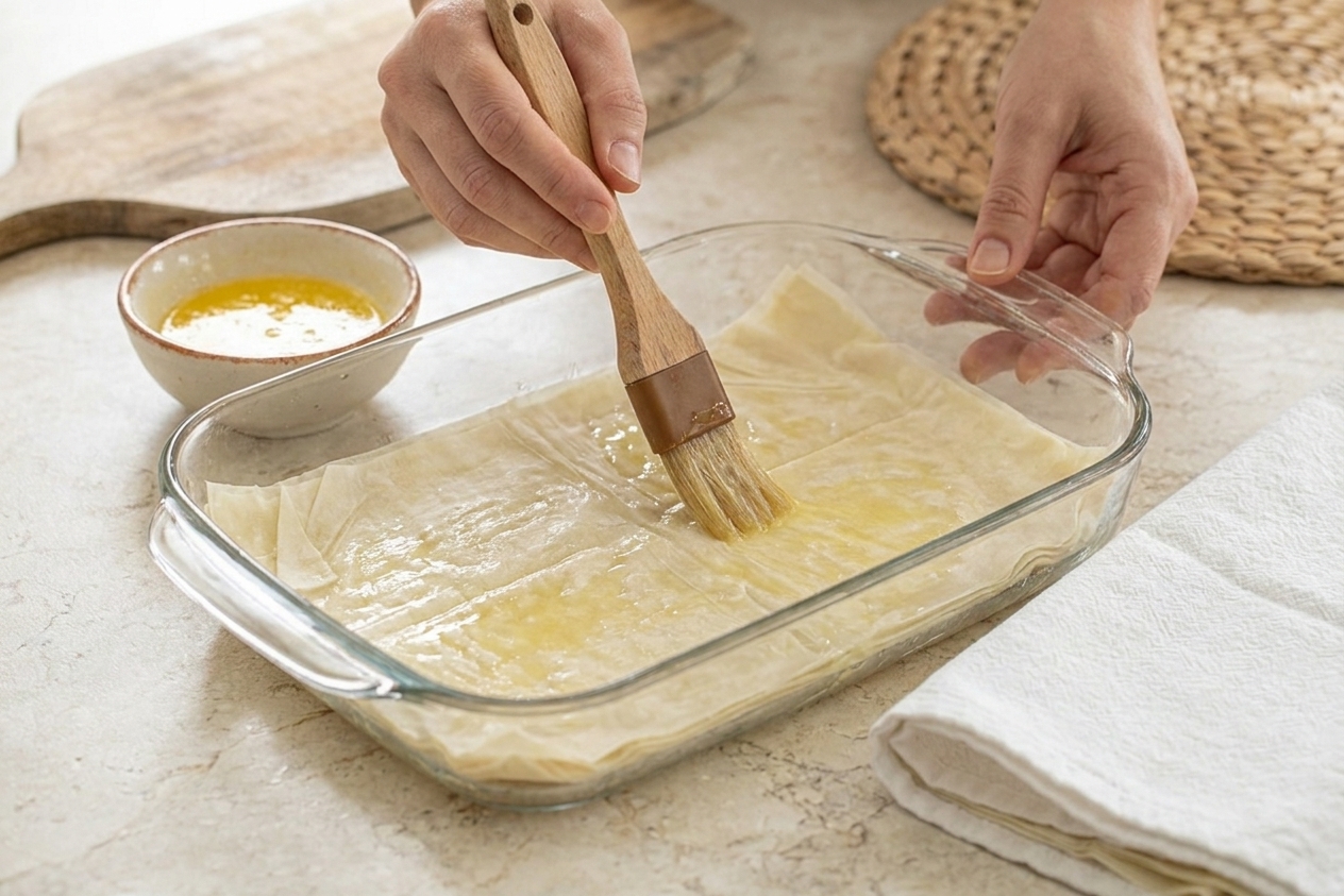 Hands using a pastry brush to lightly coat a sheet of filo dough with melted butter in a baking dish on a stone countertop