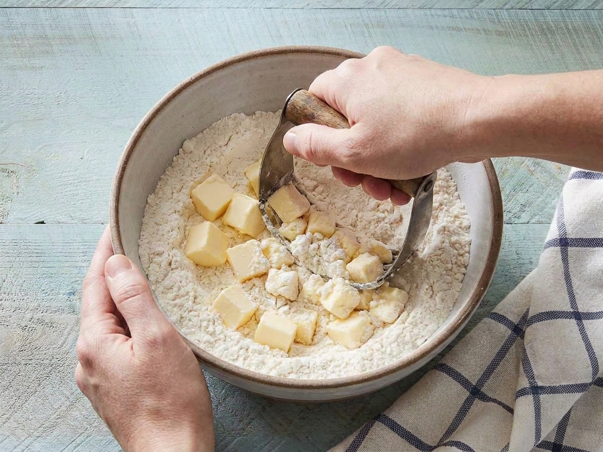 Hands using a pastry cutter to cut cold butter into flour in a large mixing bowl on a kitchen counter