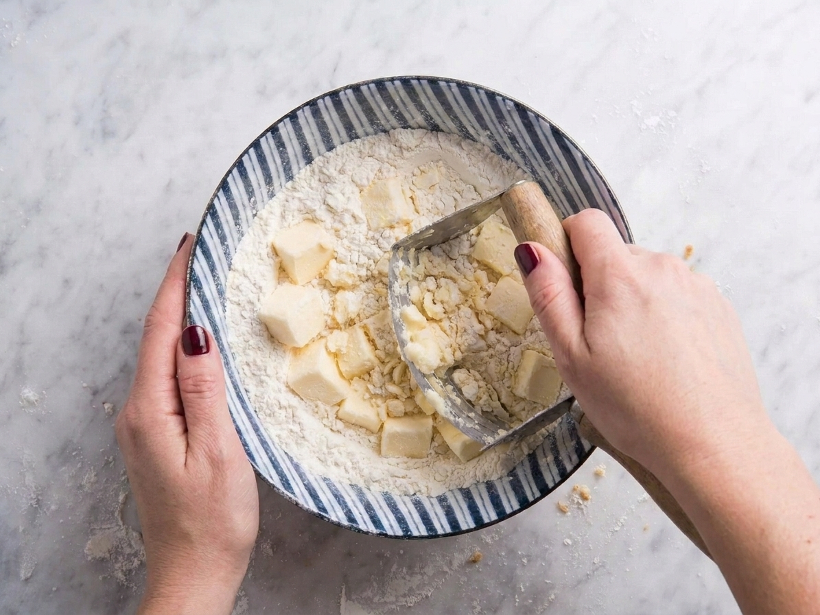 Hands using a pastry cutter to cut cold butter into flour in a large mixing bowl on a light-colored countertop