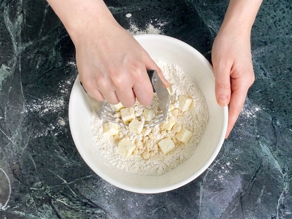 Hands using a pastry cutter to cut cold vegetable shortening into flour in a large bowl until pea-size crumbs form