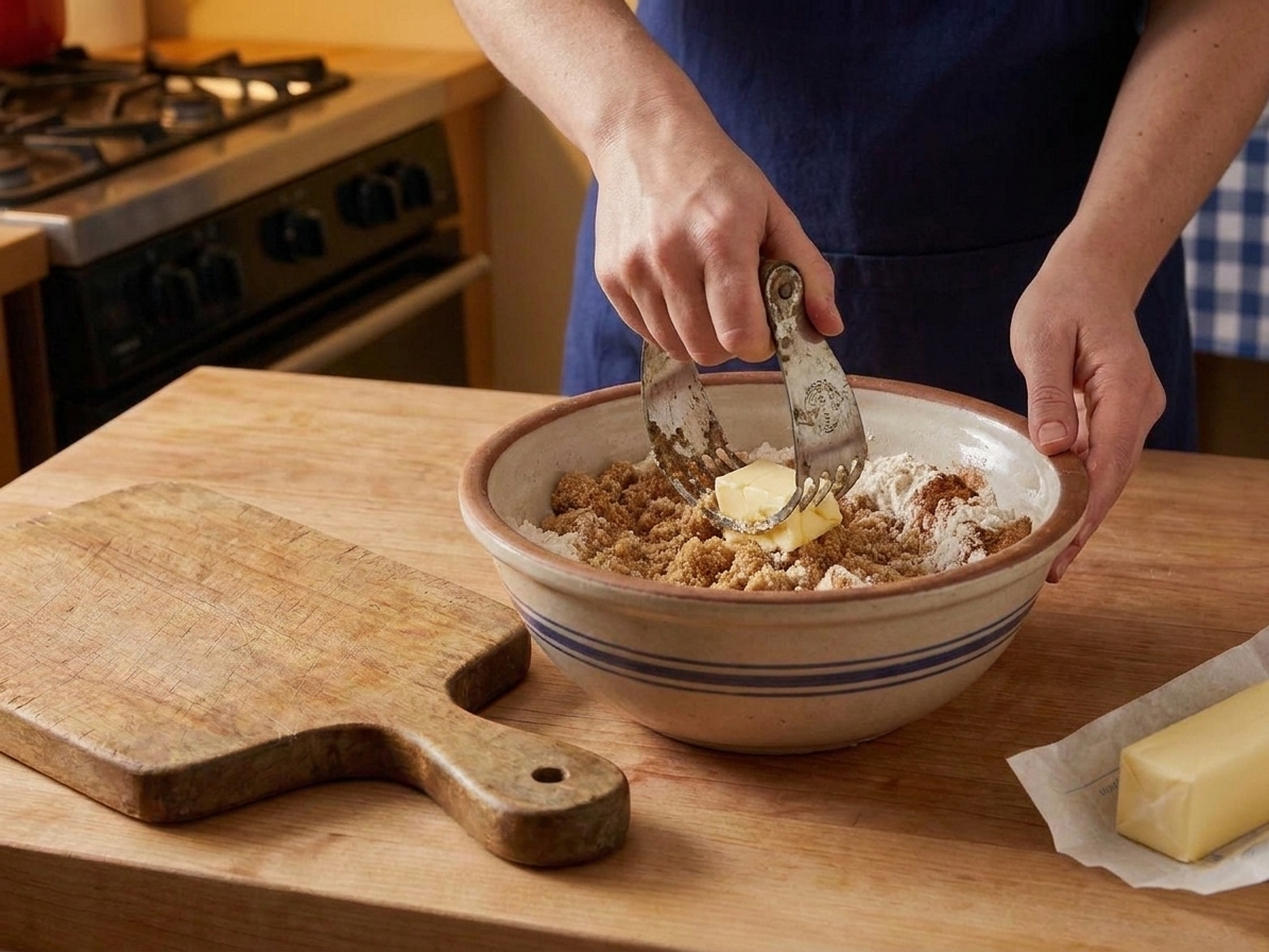 Hands using a pastry cutter to work cold butter into a brown sugar and flour mixture for a crumbly crisp topping