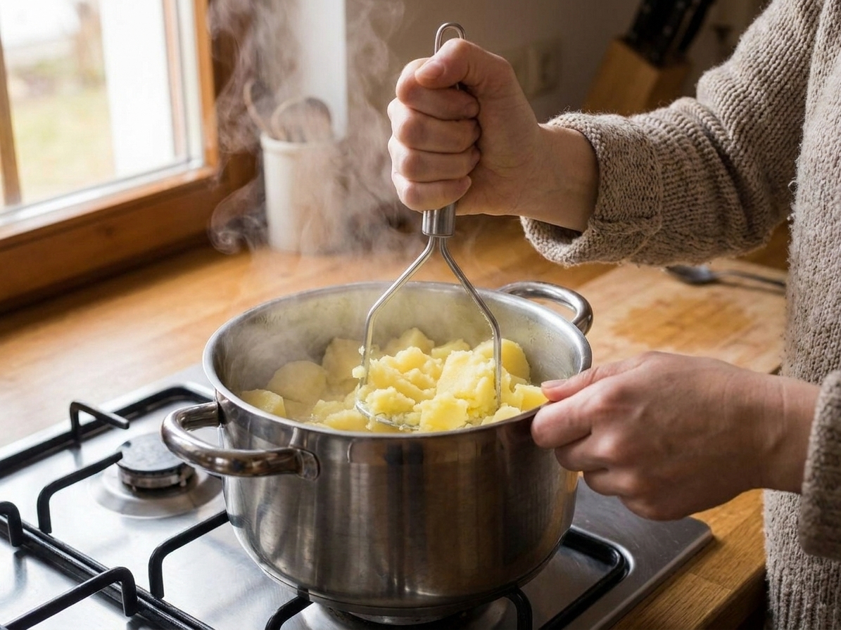 Hands using a potato masher in a pot of drained potatoes on a stovetop, with steam rising