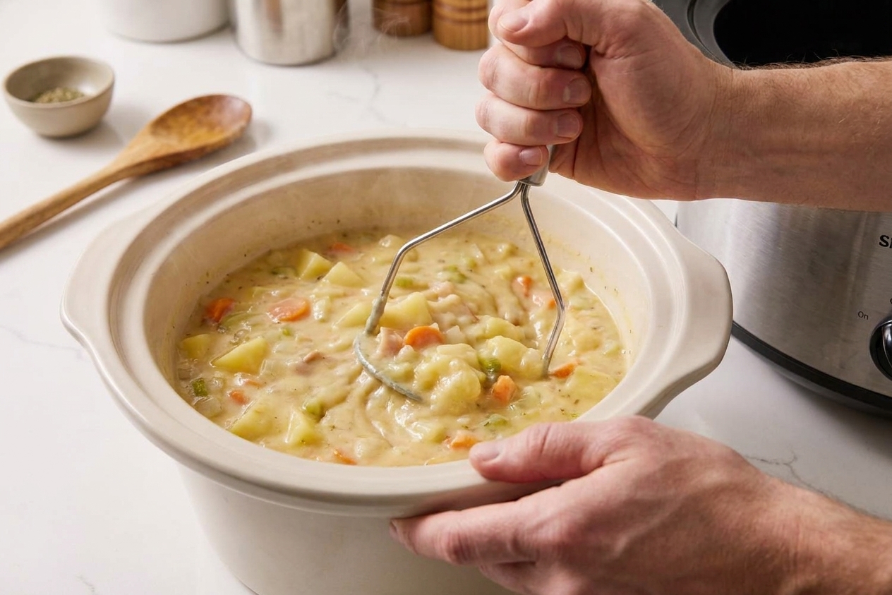 Hands using a potato masher inside a slow cooker to thicken potato soup, with visible chunks and creamy liquid