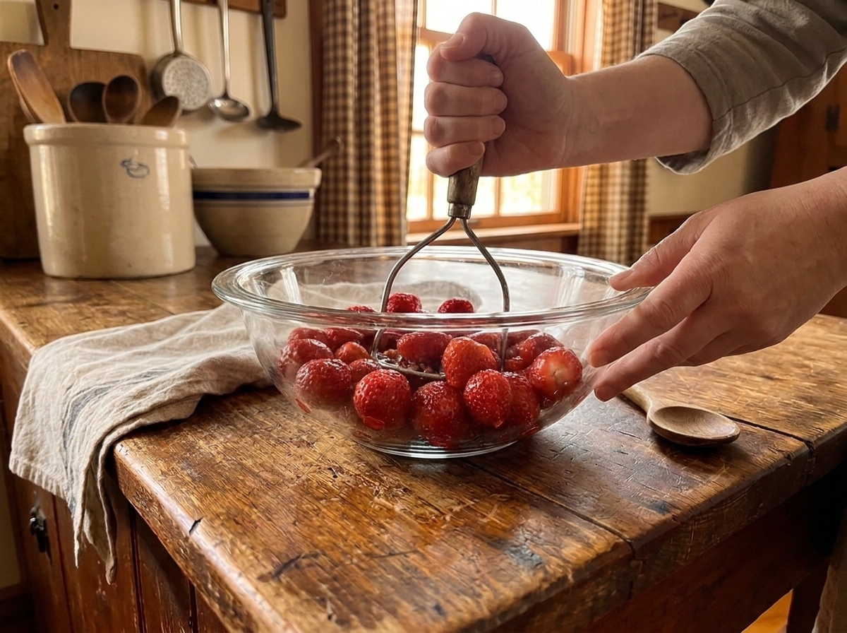 Hands using a potato masher to crush fresh strawberries in a large glass bowl on a kitchen counter
