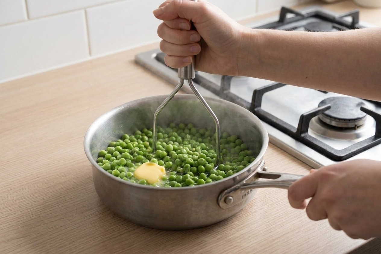Hands using a potato masher to mash hot peas with butter in a saucepan on a kitchen counter