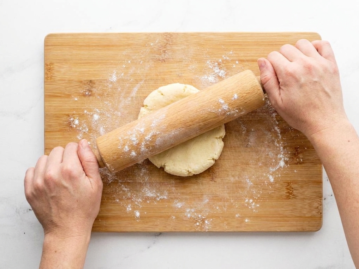 Hands using a rolling pin to roll a small round of flatbread dough on a lightly floured wooden board
