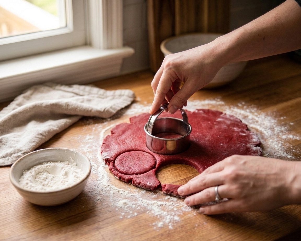 Hands using a round biscuit cutter to cut red velvet biscuit dough on a floured countertop
