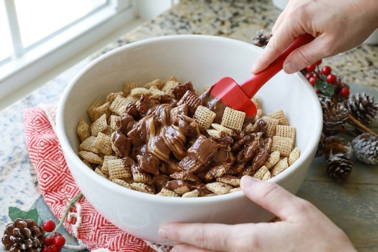 Hands using a rubber spatula to fold chocolate mixture into cereal squares in a large mixing bowl