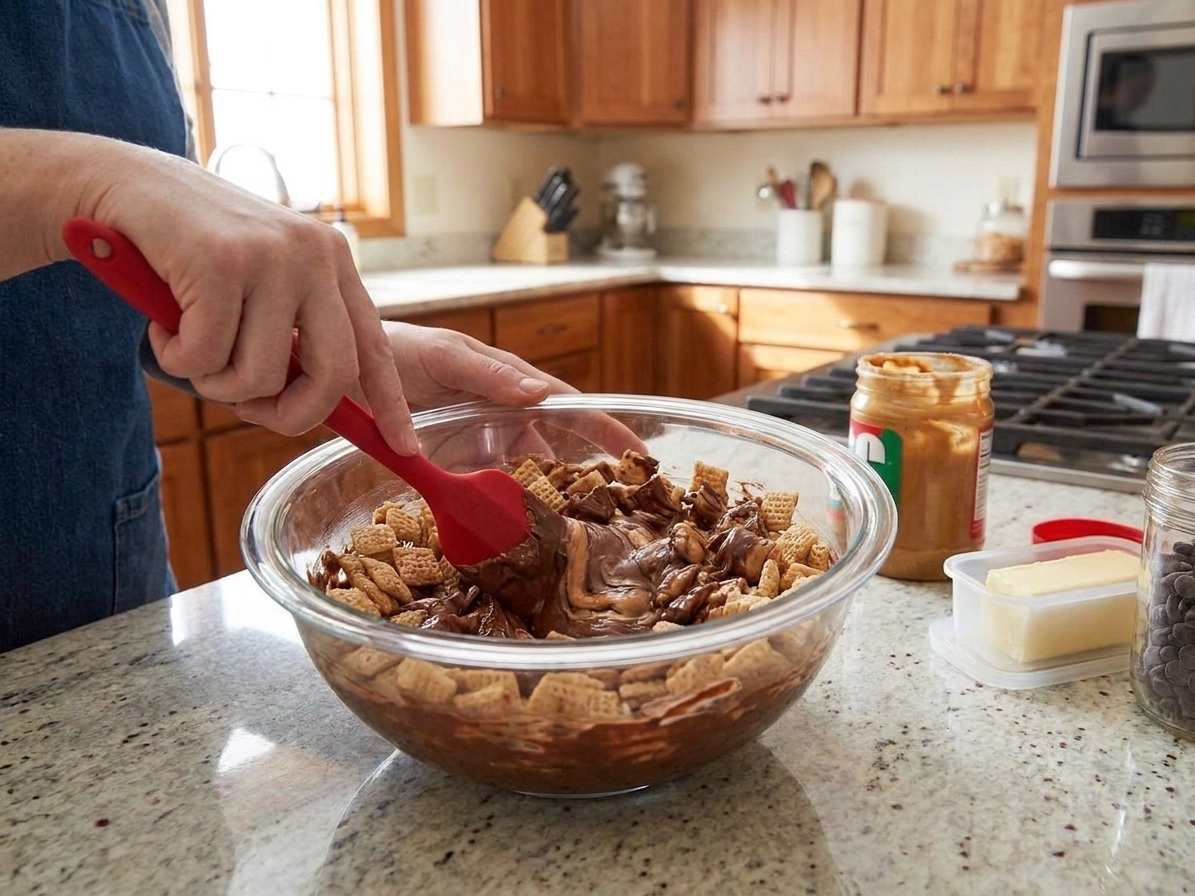 Hands using a rubber spatula to fold chocolate peanut butter coating into square cereal in a large bowl on a bright kitchen counter