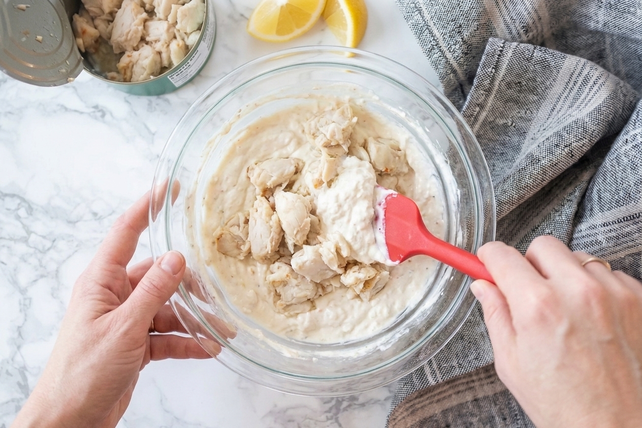 Hands using a rubber spatula to fold lump crab meat into a creamy dip mixture in a glass mixing bowl on a bright kitchen counter