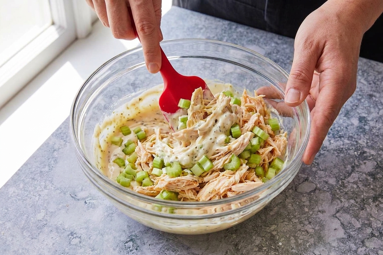 Hands using a rubber spatula to fold shredded chicken and diced celery into creamy dressing in a large bowl