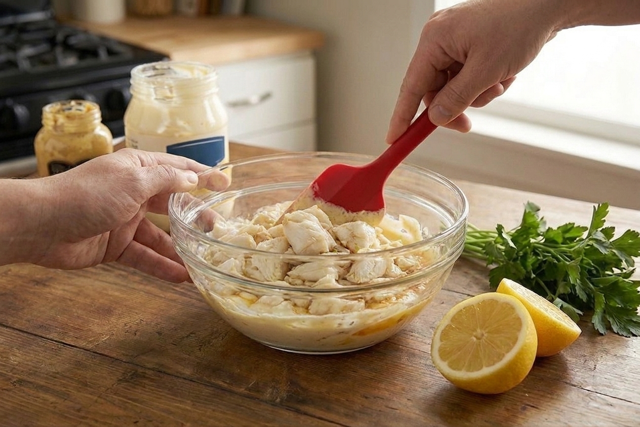Hands using a rubber spatula to gently fold jumbo lump crab meat into a seasoned binder mixture in a glass bowl