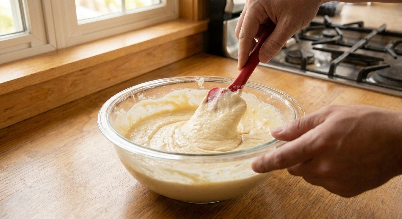 Hands using a rubber spatula to gently fold pancake batter in a large mixing bowl on a kitchen counter
