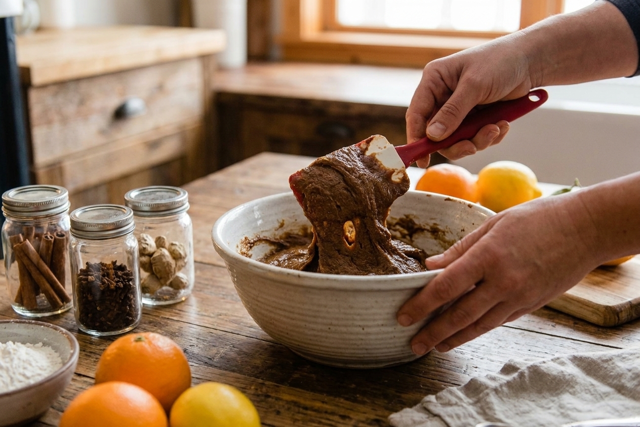 Hands using a rubber spatula to mix thick lebkuchen dough in a large ceramic bowl on a kitchen counter, with spice jars and citrus nearby