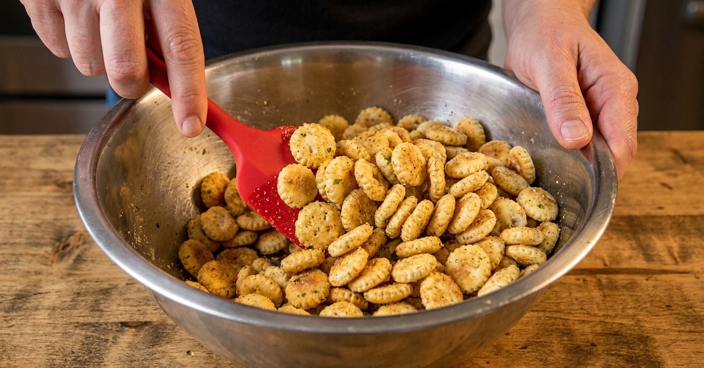 Hands using a rubber spatula to toss oyster crackers in a large mixing bowl with a speckled ranch and red pepper seasoning coating