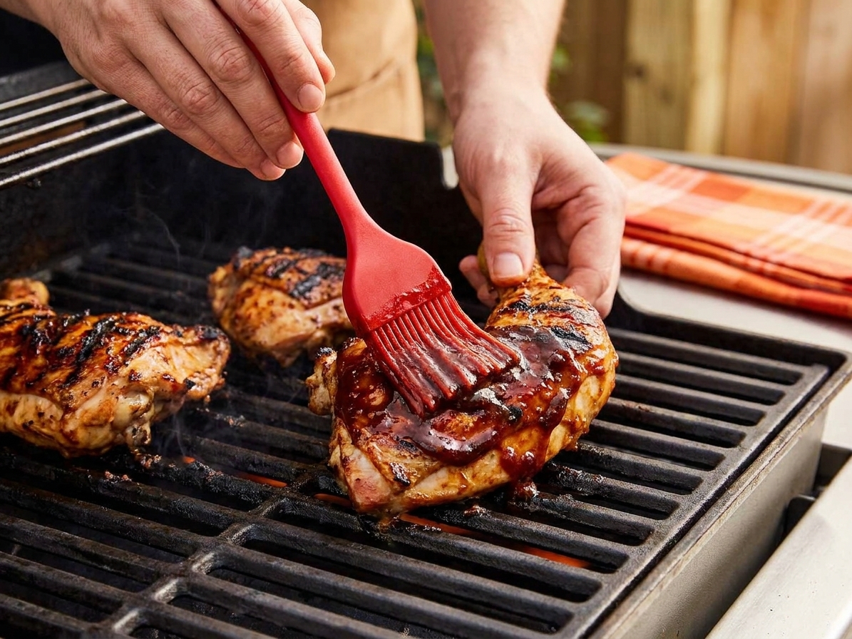 Hands using a silicone brush to baste grilled chicken with glossy barbecue sauce on a grill grate