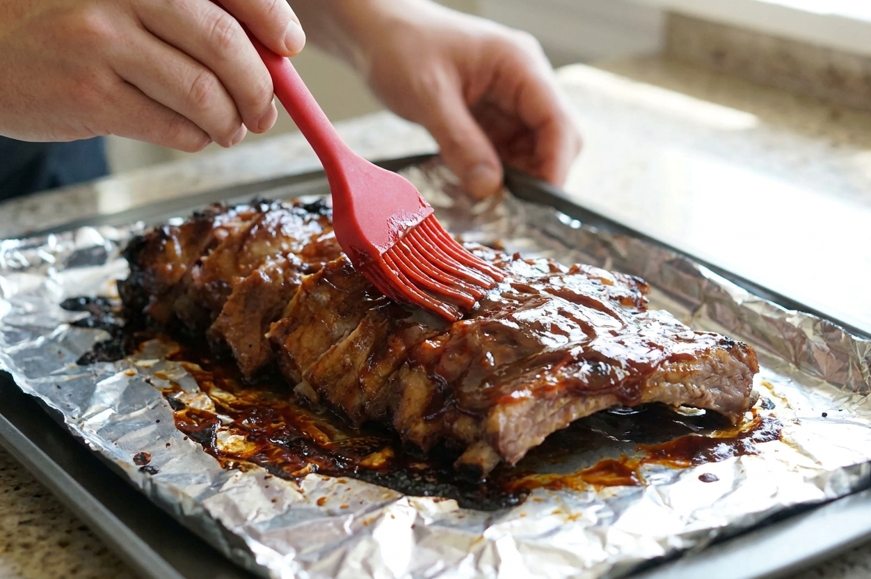 Hands using a silicone brush to coat tender beef back ribs with a glossy barbecue-style sauce on a sheet pan