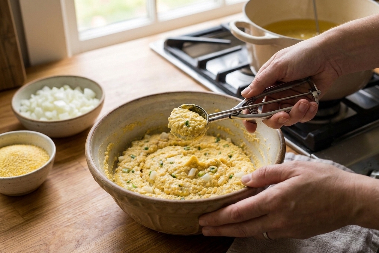 Hands using a small cookie scoop to portion hush puppy batter over a bowl on a kitchen counter