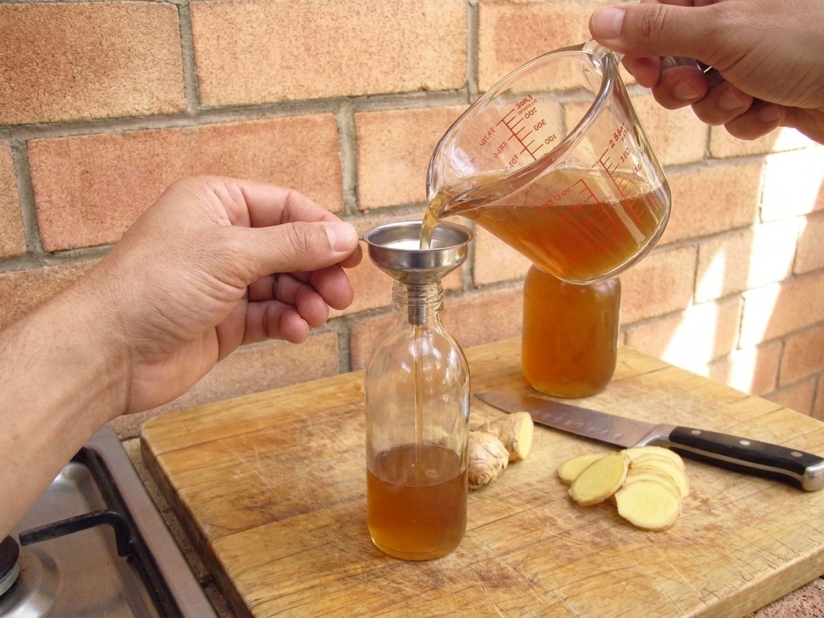 Hands using a small funnel to pour cooled ginger syrup into a clear glass bottle on a bright kitchen counter
