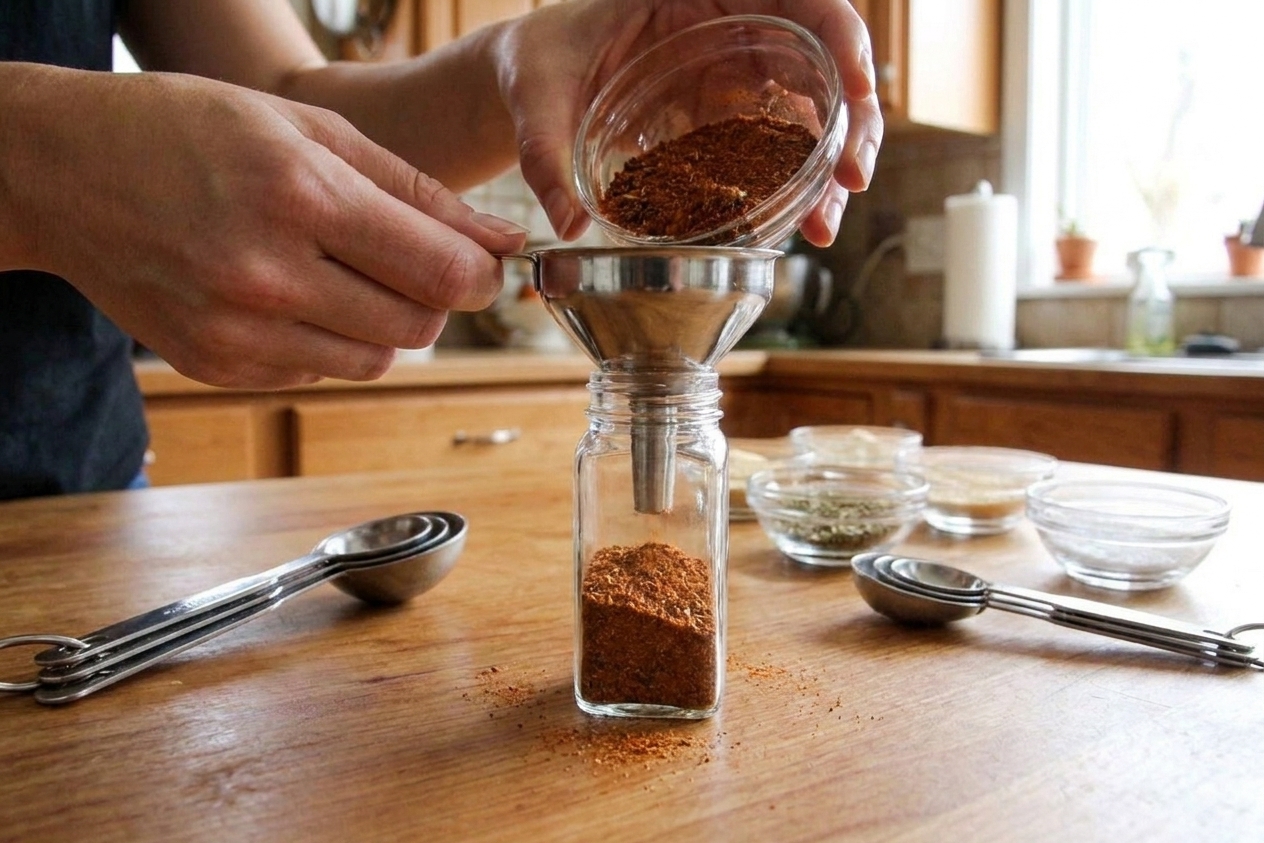 Hands using a small funnel to pour freshly mixed Creole seasoning into a glass spice jar on a kitchen counter